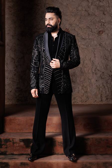 Courtyard By Abhi_Black Lycra Sequins, Beads, Embroidery Tuxedo And Pant Set _Online_at_Aza_Fashions