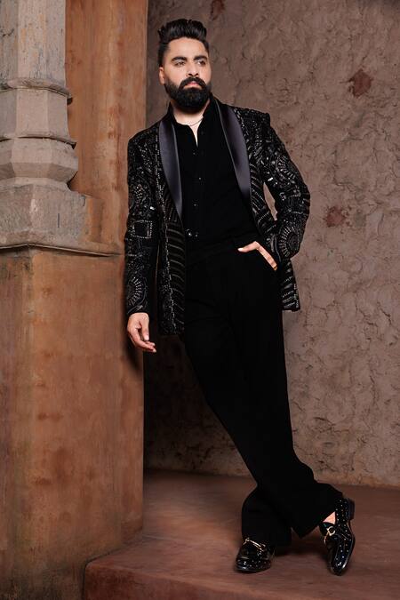 Shop_Courtyard By Abhi_Black Lycra Sequins, Beads, Embroidery Tuxedo And Pant Set _Online_at_Aza_Fashions