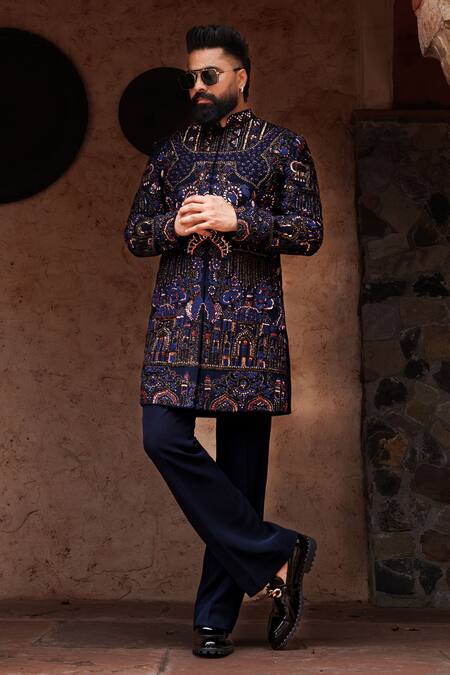 Courtyard By Abhi_Blue Lycra Embroidery Floral Sherwani Set _Online_at_Aza_Fashions