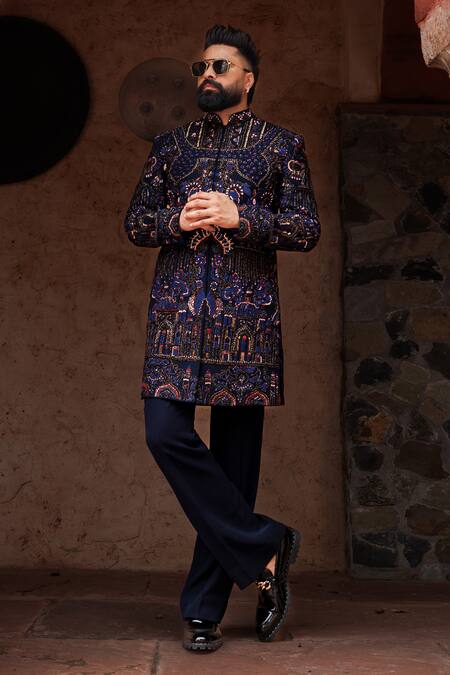 Buy_Courtyard By Abhi_Blue Lycra Embroidery Floral Sherwani Set _Online_at_Aza_Fashions