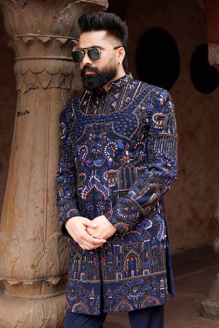 Shop_Courtyard By Abhi_Blue Lycra Embroidery Floral Sherwani Set _Online_at_Aza_Fashions