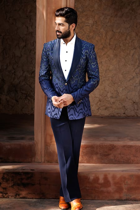 Courtyard By Abhi_Blue Lycra Embroidery, Sequins, Beads Wave Lines Tuxedo Set _Online_at_Aza_Fashions