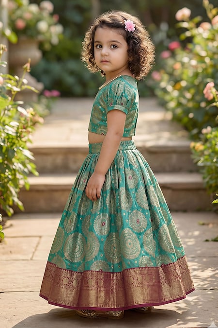 Maaikid_Green Brocade Zari, Pearls, Embroidery Top And Lehenga Set _Online_at_Aza_Fashions