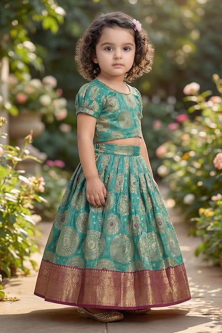Buy_Maaikid_Green Brocade Zari, Pearls, Embroidery Top And Lehenga Set _Online_at_Aza_Fashions