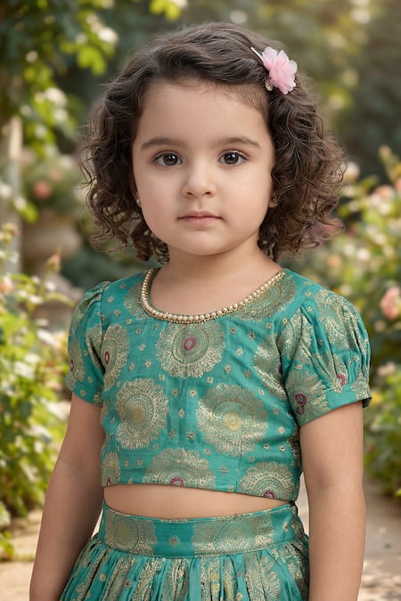 Shop_Maaikid_Green Brocade Zari, Pearls, Embroidery Top And Lehenga Set _Online_at_Aza_Fashions