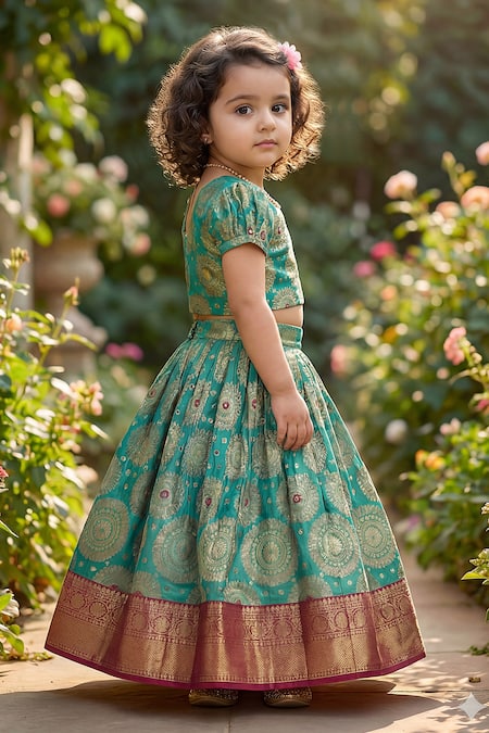 Maaikid_Green Brocade Zari, Pearls, Embroidery Top And Lehenga Set _at_Aza_Fashions