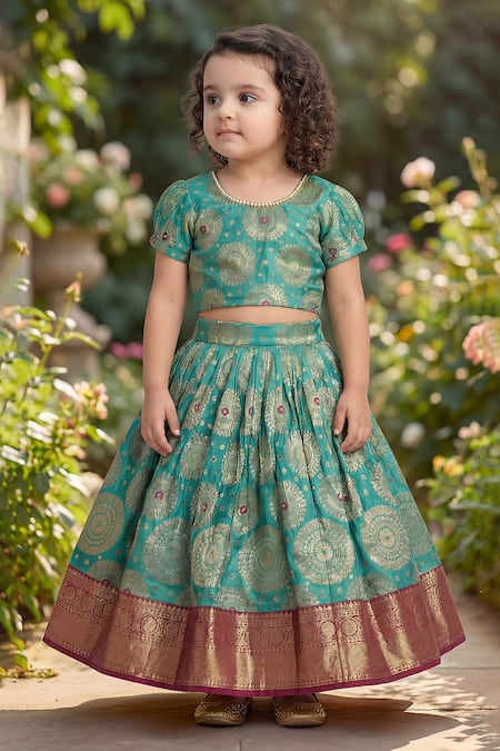 Shop_Maaikid_Green Brocade Zari, Pearls, Embroidery Top And Lehenga Set 