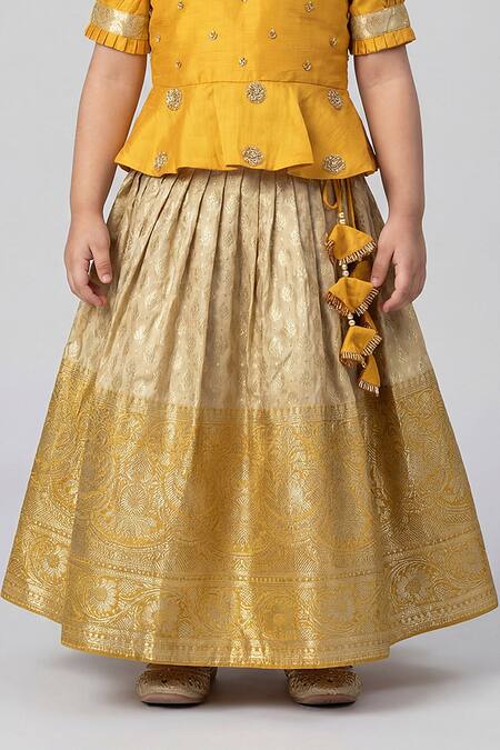 Shop_Maaikid_Yellow Silk, Brocade Zari, Embroidery, Tassels Peplum Top And Lehenga Set _Online_at_Aza_Fashions