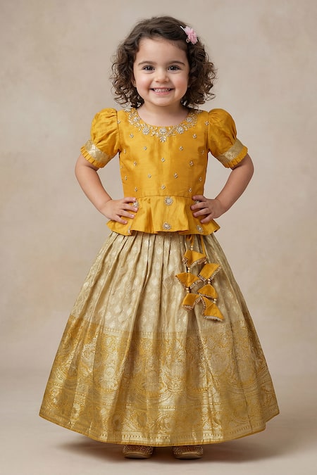 Shop_Maaikid_Yellow Silk, Brocade Zari, Embroidery, Tassels Peplum Top And Lehenga Set 