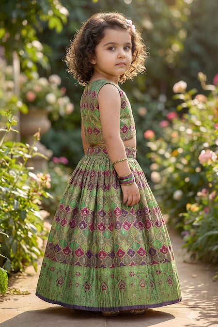 Maaikid_Multi Color Brocade Zari, Embroidery Geometric Woven Top And Lehenga Set _Online_at_Aza_Fashions