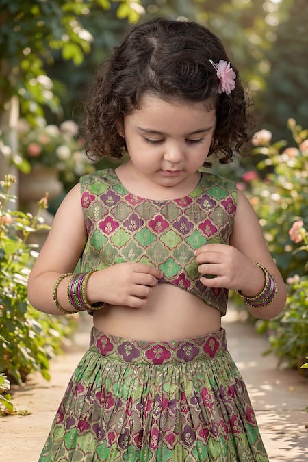 Maaikid_Multi Color Brocade Zari, Embroidery Geometric Woven Top And Lehenga Set _at_Aza_Fashions