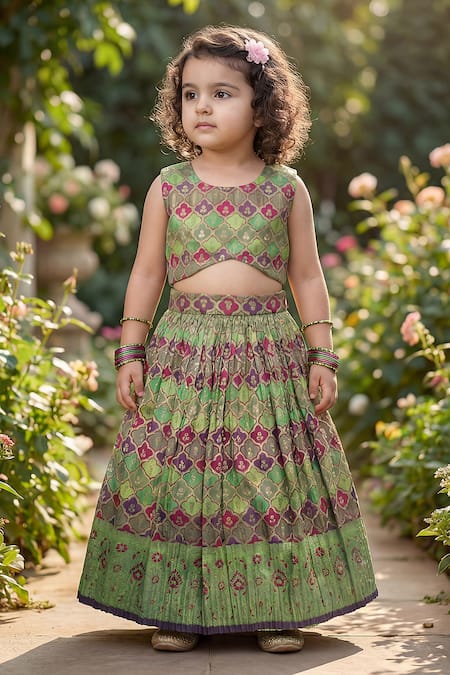 Buy_Maaikid_Multi Color Brocade Zari, Embroidery Geometric Woven Top And Lehenga Set 