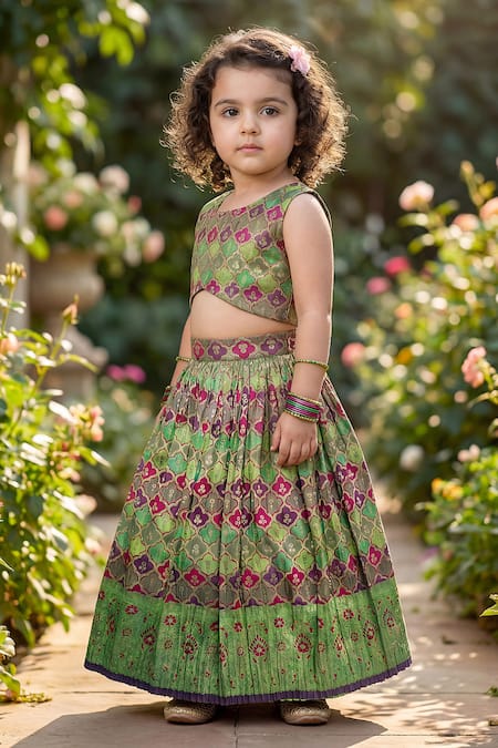 Shop_Maaikid_Multi Color Brocade Zari, Embroidery Geometric Woven Top And Lehenga Set 