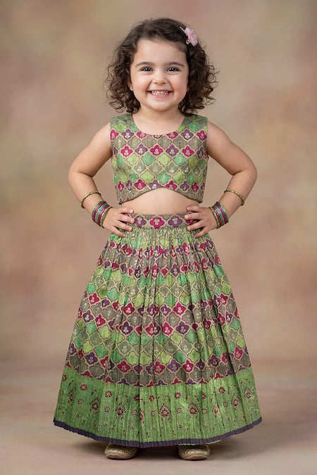 Maaikid Geometric Woven Top & Lehenga Set 