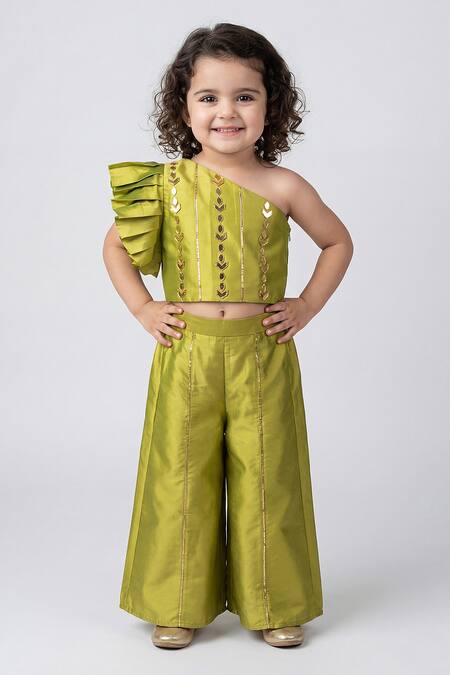 Buy_Maaikid_Olive Green Silk Mirrors, Foil Printing Embroidered Crop Top And Palazzo Set _Online_at_Aza_Fashions