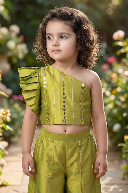 Shop_Maaikid_Olive Green Silk Mirrors, Foil Printing Embroidered Crop Top And Palazzo Set _Online_at_Aza_Fashions