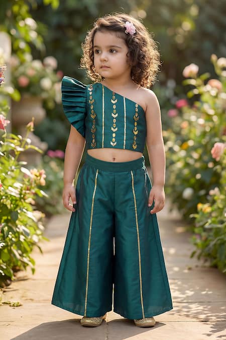 Maaikid_Green Silk Mirrors, Foil Printing Work Crop Top And Palazzo Set _Online_at_Aza_Fashions