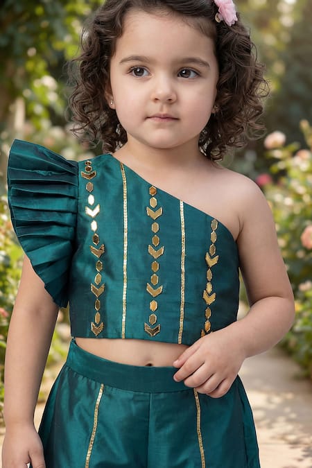 Buy_Maaikid_Green Silk Mirrors, Foil Printing Work Crop Top And Palazzo Set _Online_at_Aza_Fashions