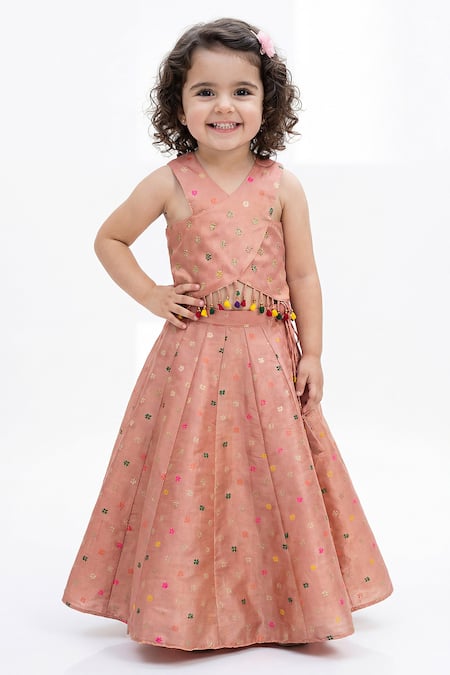 Maaikid_Peach Silk Tassels, Embroidery Woven Top And Lehenga Set _Online_at_Aza_Fashions