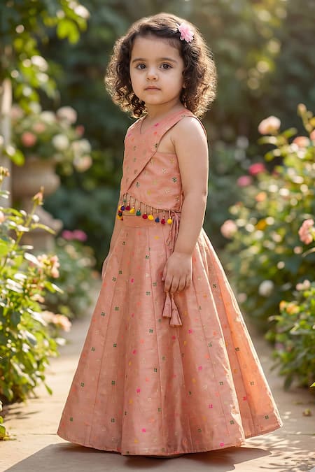 Shop_Maaikid_Peach Silk Tassels, Embroidery Woven Top And Lehenga Set _Online_at_Aza_Fashions