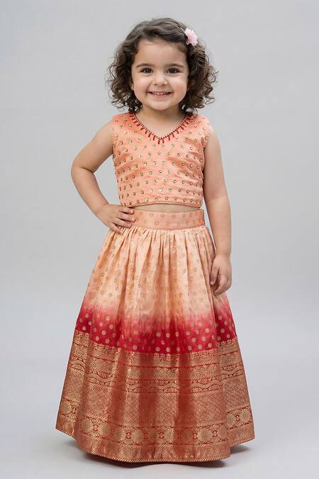 Maaikid_Peach Silk Beads, Zari Embroidered Crop Top And Lehenga Set _Online_at_Aza_Fashions