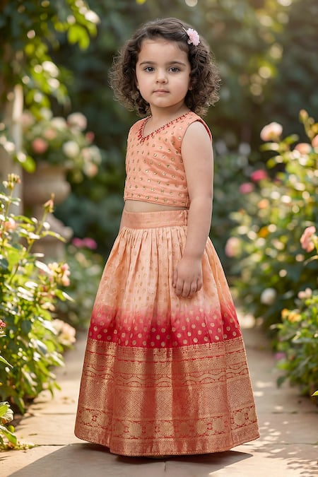 Buy_Maaikid_Peach Silk Beads, Zari Embroidered Crop Top And Lehenga Set _Online_at_Aza_Fashions
