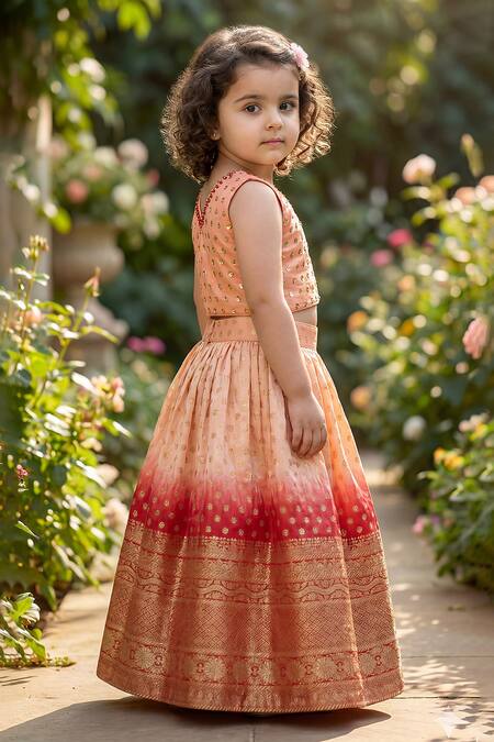 Shop_Maaikid_Peach Silk Beads, Zari Embroidered Crop Top And Lehenga Set _Online_at_Aza_Fashions