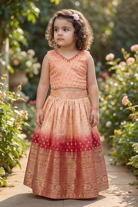 Maaikid_Peach Silk Beads, Zari Embroidered Crop Top And Lehenga Set _at_Aza_Fashions