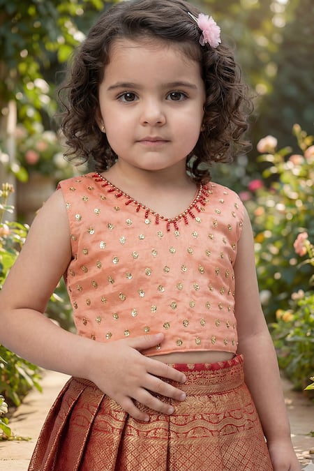 Shop_Maaikid_Peach Silk Beads, Zari Embroidered Crop Top And Lehenga Set 