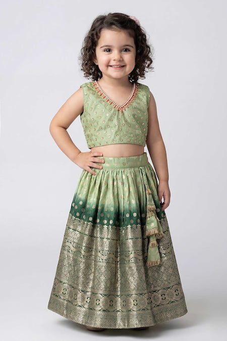 Buy_Maaikid_Green Silk, Cotton Beads, Zari, Tassels, Embellished Crop Top And Lehenga Set _Online_at_Aza_Fashions