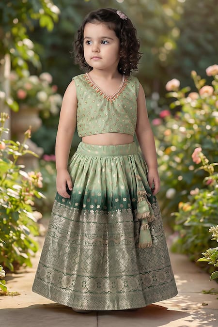 Shop_Maaikid_Green Silk, Cotton Beads, Zari, Tassels, Embellished Crop Top And Lehenga Set _Online_at_Aza_Fashions