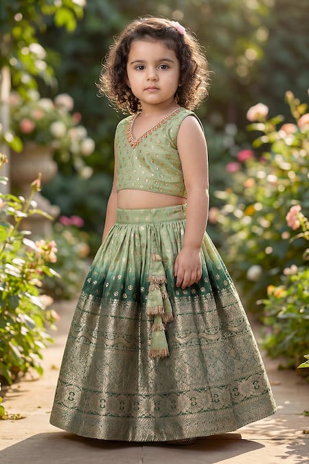 Buy_Maaikid_Green Silk, Cotton Beads, Zari, Tassels, Embellished Crop Top And Lehenga Set 
