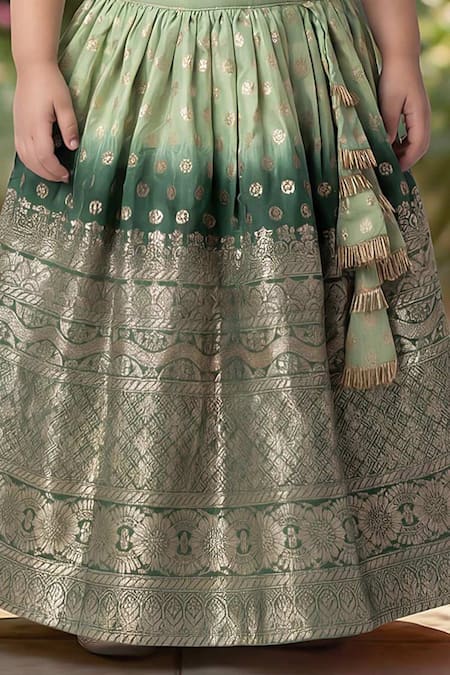 Shop_Maaikid_Green Silk, Cotton Beads, Zari, Tassels, Embellished Crop Top And Lehenga Set 
