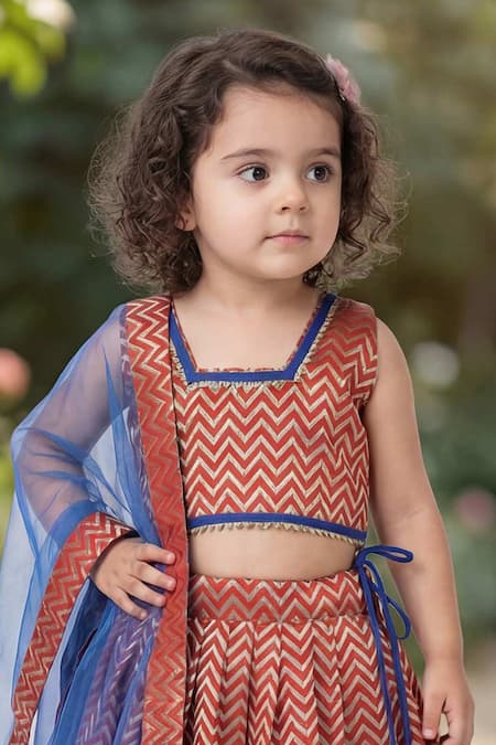 Maaikid_Orange Brocade, Cotton, Net Gota Patti, Zari, Chevron Pattern Lehenga Set _Online_at_Aza_Fashions
