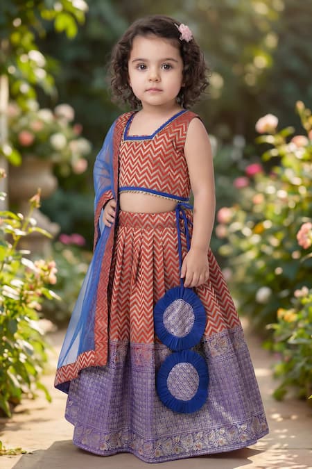 Buy_Maaikid_Orange Brocade, Cotton, Net Gota Patti, Zari, Chevron Pattern Lehenga Set _Online_at_Aza_Fashions