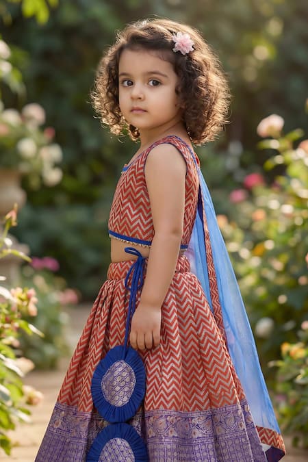 Shop_Maaikid_Orange Brocade, Cotton, Net Gota Patti, Zari, Chevron Pattern Lehenga Set _Online_at_Aza_Fashions