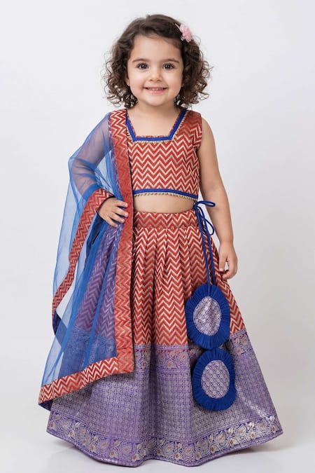 Maaikid_Orange Brocade, Cotton, Net Gota Patti, Zari, Chevron Pattern Lehenga Set _at_Aza_Fashions