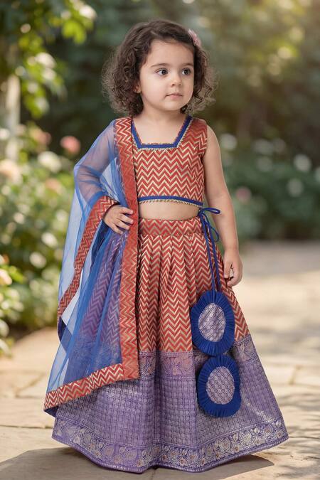 Buy_Maaikid_Orange Brocade, Cotton, Net Gota Patti, Zari, Chevron Pattern Lehenga Set 