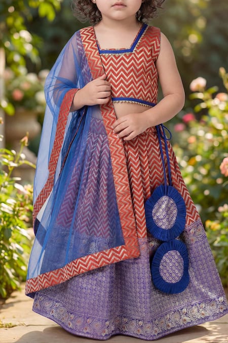Shop_Maaikid_Orange Brocade, Cotton, Net Gota Patti, Zari, Chevron Pattern Lehenga Set 