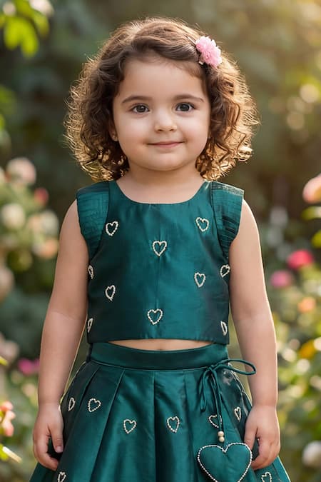 Maaikid_Green Silk, Crepe Embroidery, Tassels Heart Lehenga And Top Set _Online_at_Aza_Fashions