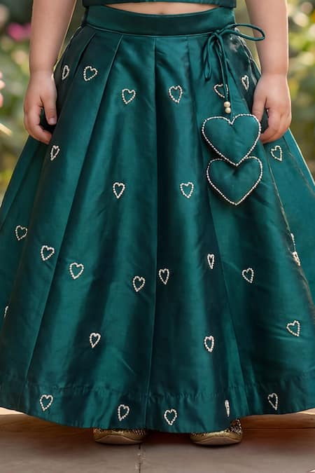 Buy_Maaikid_Green Silk, Crepe Embroidery, Tassels Heart Lehenga And Top Set _Online_at_Aza_Fashions