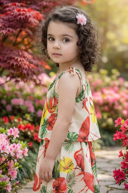 Buy_Maaikid_Cream Cotton Flamingo Print Top And Skirt Set _Online_at_Aza_Fashions