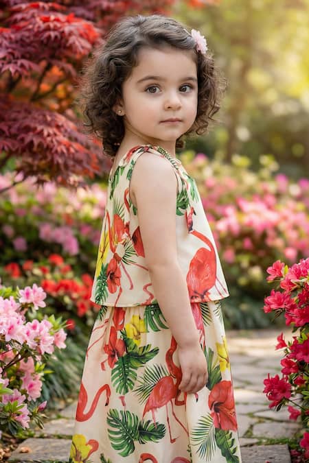 Shop_Maaikid_Cream Cotton Flamingo Print Top And Skirt Set _Online_at_Aza_Fashions