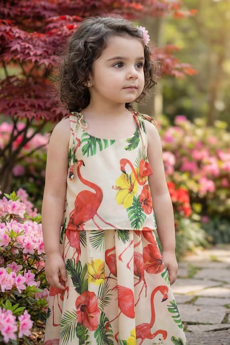 Maaikid_Cream Cotton Flamingo Print Top And Skirt Set _at_Aza_Fashions