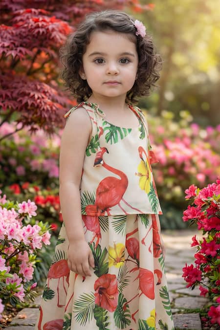 Buy_Maaikid_Cream Cotton Flamingo Print Top And Skirt Set 
