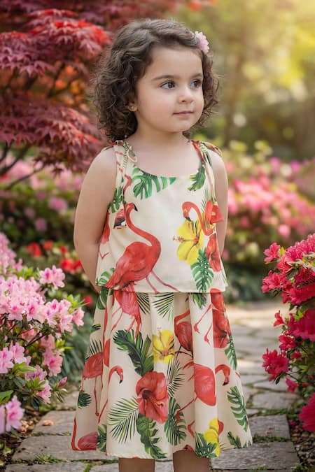 Shop_Maaikid_Cream Cotton Flamingo Print Top And Skirt Set 
