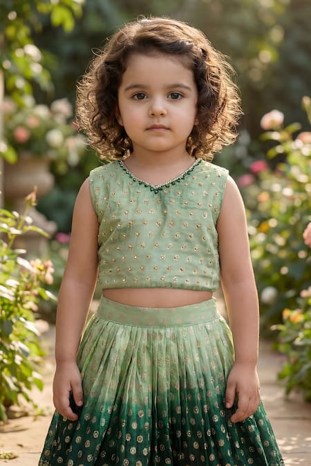 Buy_Maaikid_Green Silk Zari, Embroidery, Tassels, Beads Ombre Woven Lehenga And Blouse Set _Online_at_Aza_Fashions