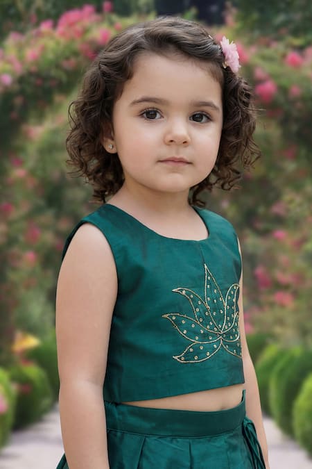 Maaikid_Pink Silk Zari, Beads, Embroidery, Tassels Ombre Woven Lehenga And Crop Top Set _Online_at_Aza_Fashions