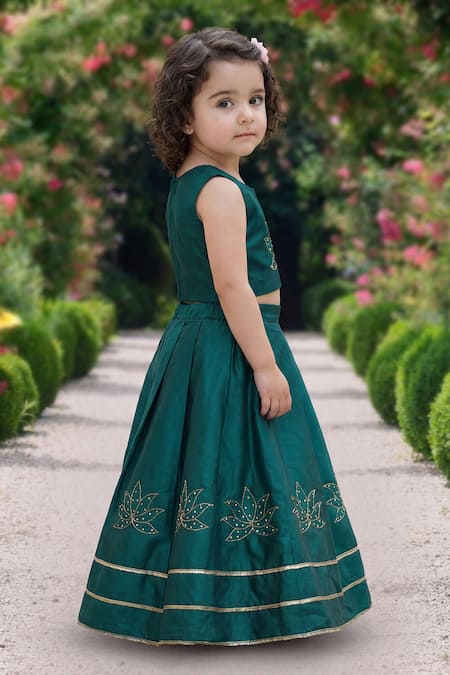 Shop_Maaikid_Pink Silk Zari, Beads, Embroidery, Tassels Ombre Woven Lehenga And Crop Top Set _Online_at_Aza_Fashions