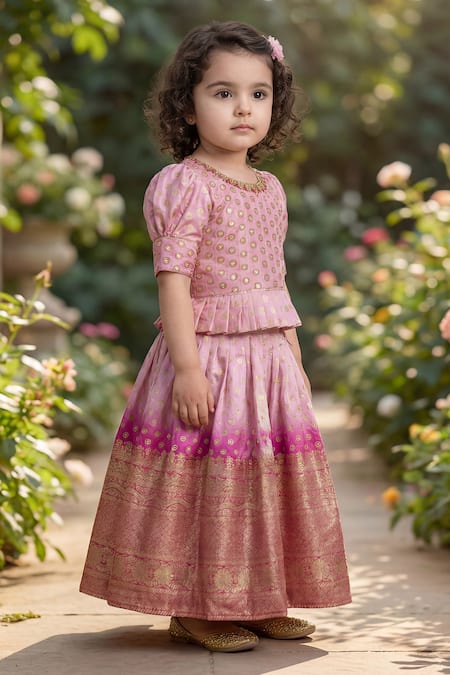 Maaikid_Emerald Green Silk Embroidery, Zari, Tassels Lotus Crop Top And Lehenga Set _Online_at_Aza_Fashions